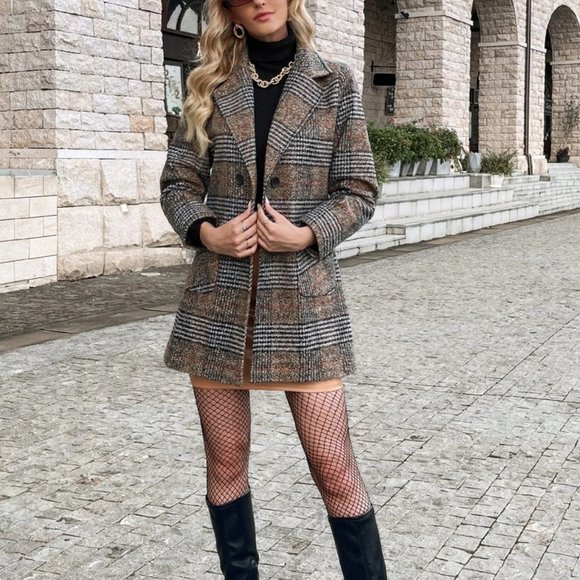 Chic Classy plaid double breast Overcoat Jacket Shacket Coat brown - Picture 6 of 6